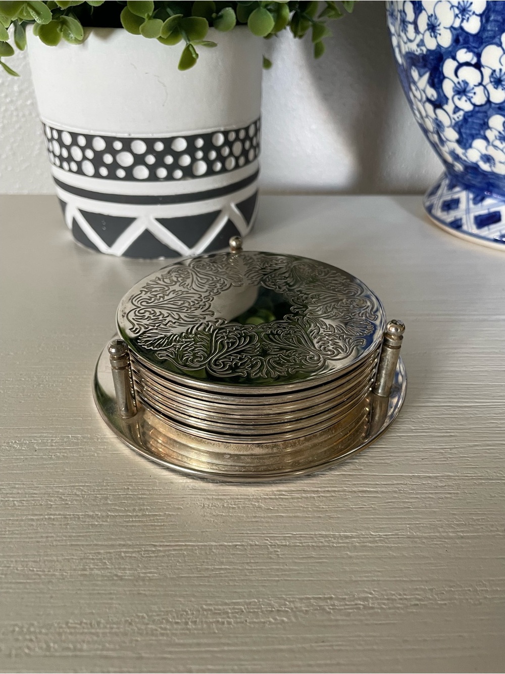 The Cellar Vintage Silver plated Coaster 7 Piece Elegant Floral Embossed set